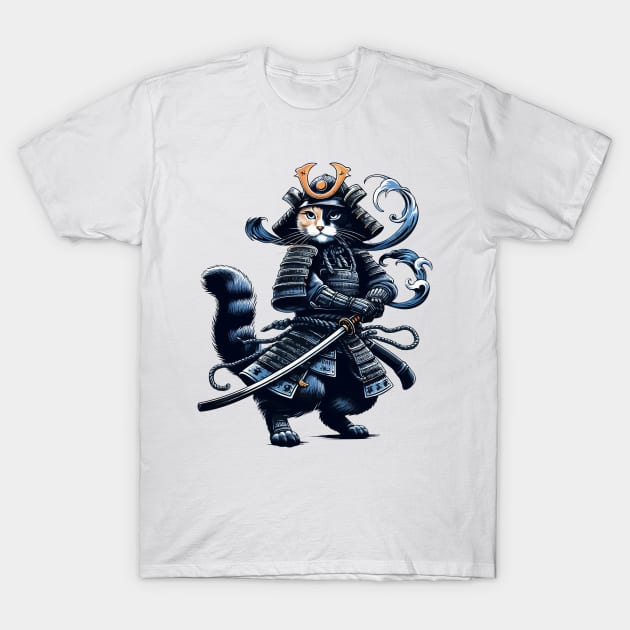 Cool Retro Cat Samurai Portrait Ninja Japan Art T-Shirt by TomFrontierArt